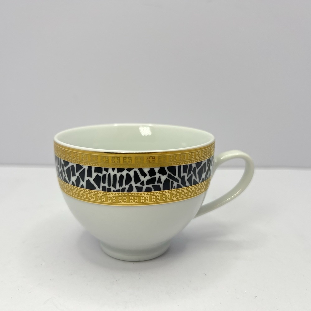 GNA Fine Porcelain Tea Cup Gold Trim with Black‎ and White Mosaic Pattern Italy
